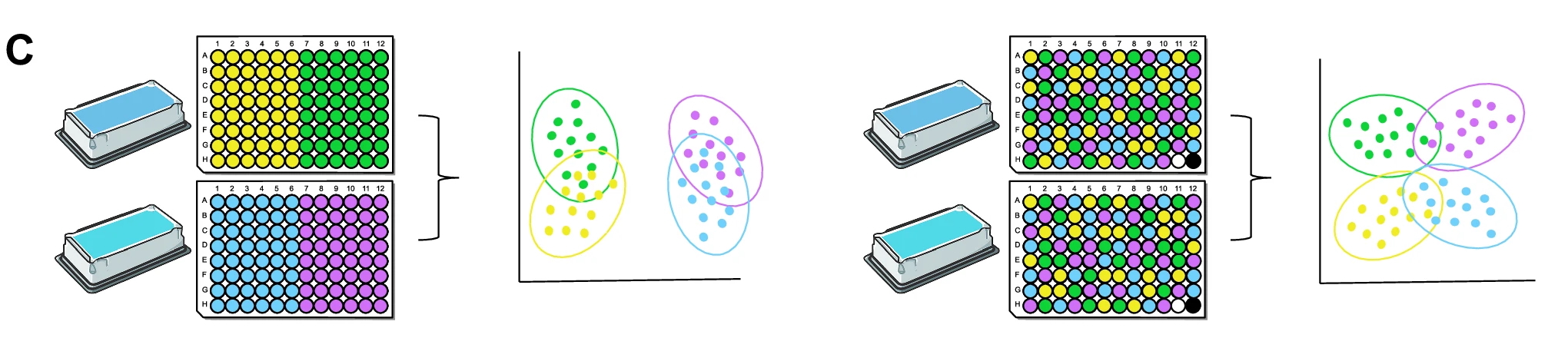 Conditions nested within batches (left) vs distributed with a shared reference carried across batches (right)