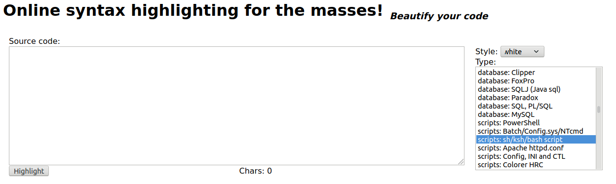 Screenshot of the ToHTML code formatting interface