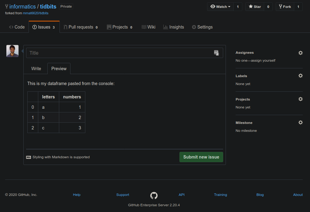 Formatted table displayed in a GitHub issue